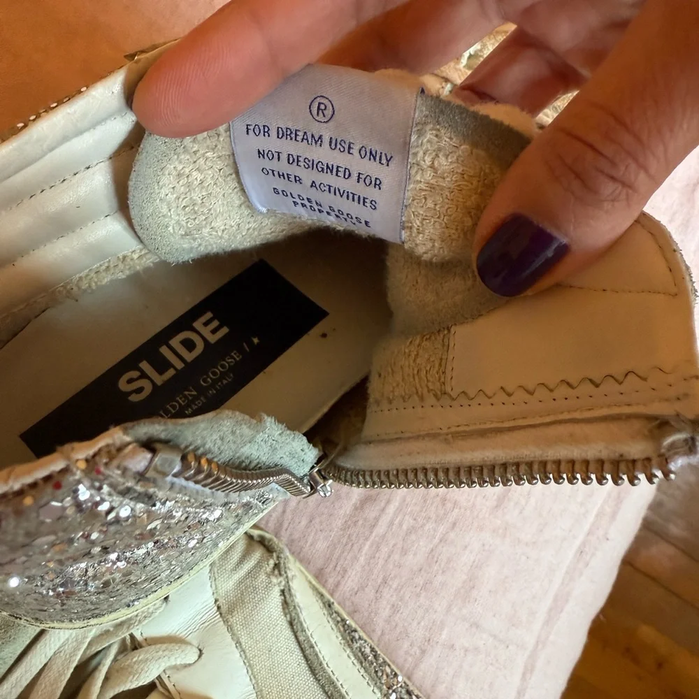 Golden Goose White and Silver Glitter High-Top Sneakers Slide - 8 - Picture 3 of 5
